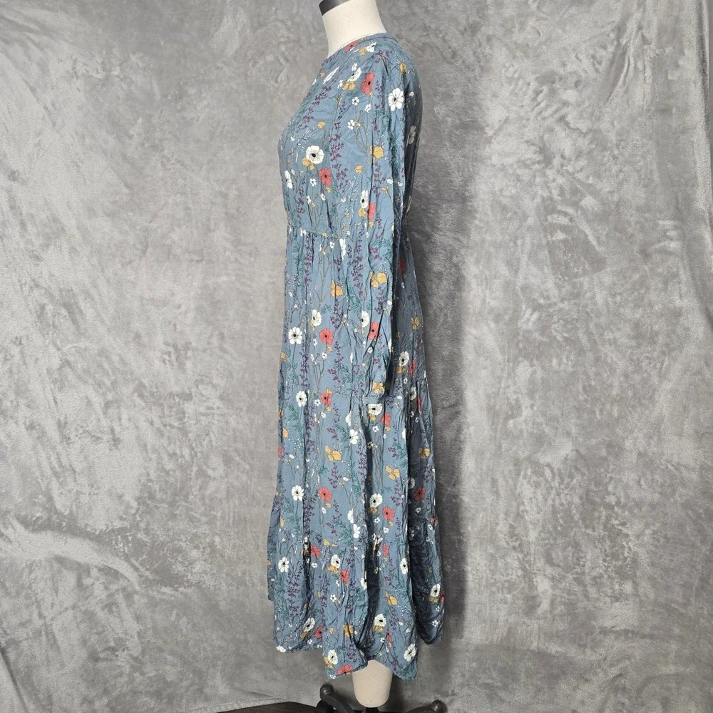 Emery Rose Blue Floral Tiered Maxi Dress Women L V-Neck Boho Cottagecore Peasant
